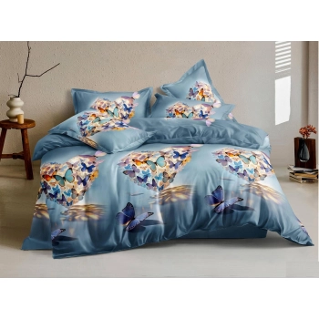 Pościel 160x200 bawełna satynowa niebieska w motyle i serca PK 674 z prześcieradłem